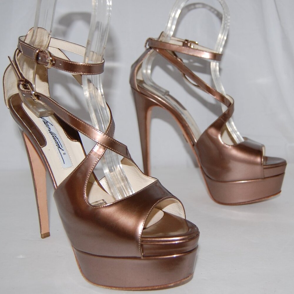 US 7.5❤️ Brian Atwood Metallic Rose Gold High Heels Platform Sandals Pumps ITALY